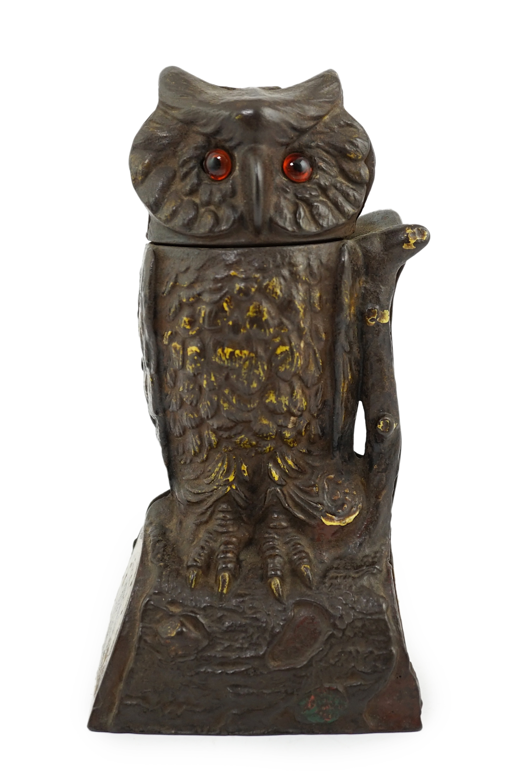 A late 19th century American cast iron owl Patent money box